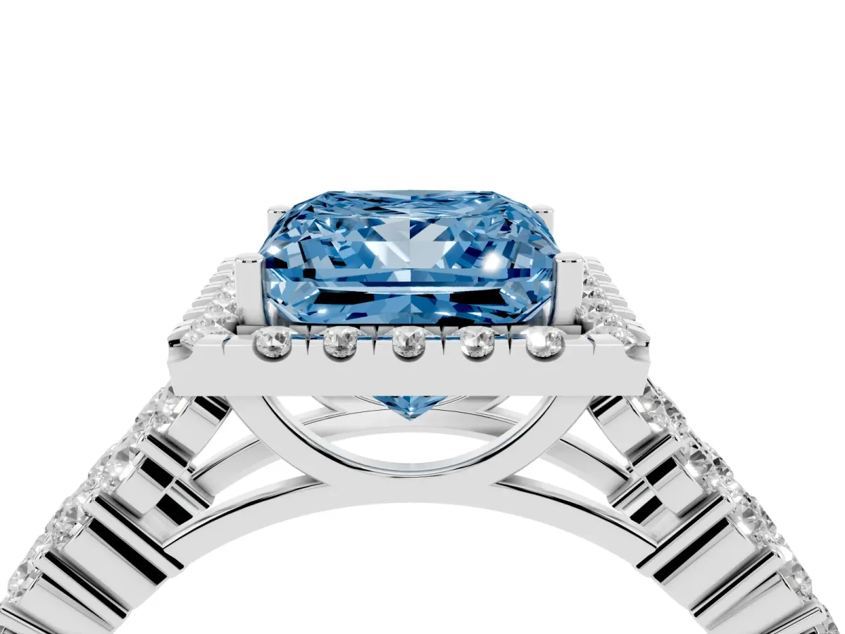 Fancy Blue Princess Cut Diamond Halo Engagement Ring with Triple Row Round Pavé Band and Prong Setting Silver
