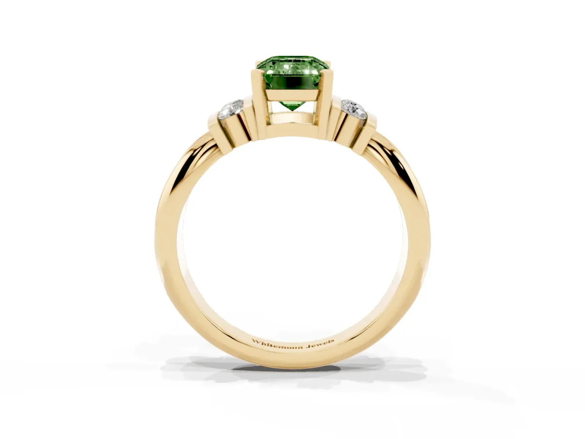 Fancy Green Emerald Cut Cut Three-Stone Channel Set Ring with Bar Prongs Yellow gold