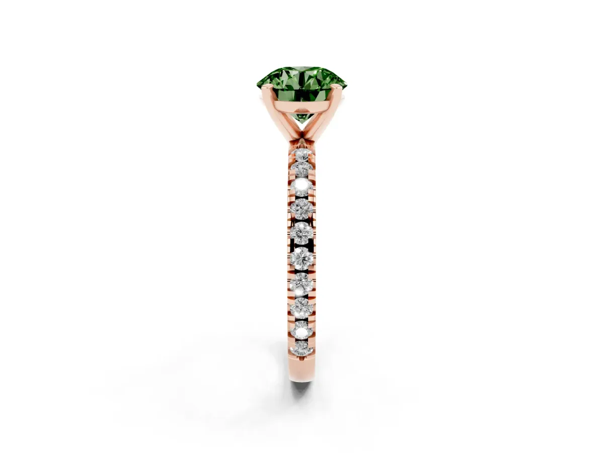 Fancy Green Round Cut Diamond Pavé Band Solitaire with Four-Prong Setting Rose gold