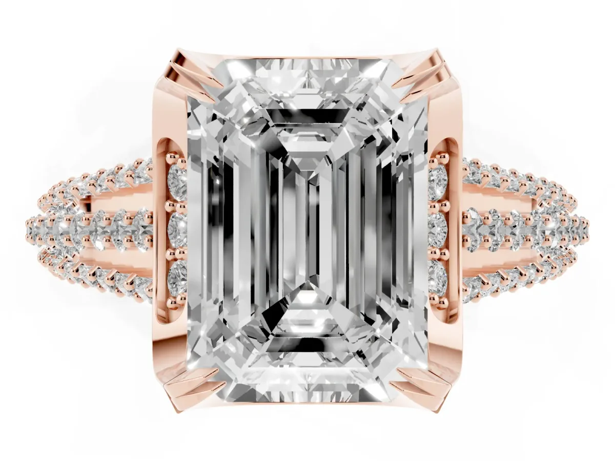 Emerald Cut Solitaire Pave Split Shank Ring with Four-Prong Setting Rose gold