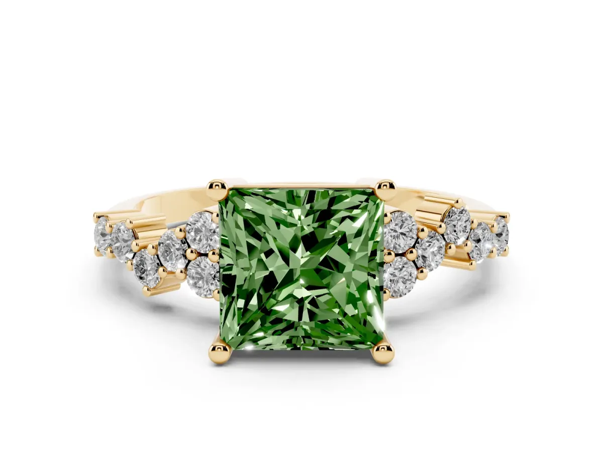 Fancy Green Princess Cut Diamond Scattered Round Accent Ring with Prong Setting Yellow gold