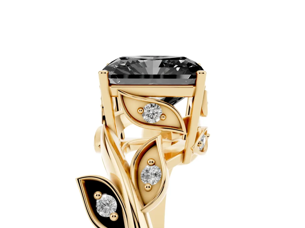 Fancy Black Radiant Cut Solitaire Twist Engagement Ring with Leaf Accents and Prong Setting Yellow gold