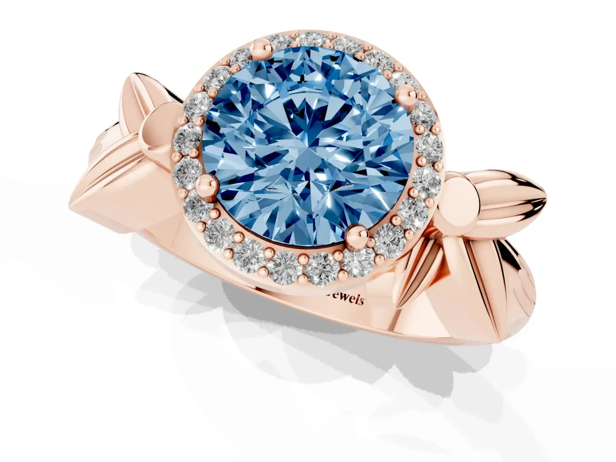 Fancy Blue Round Cut Halo Diamond Floral Band with Four-Prong Setting Rose gold