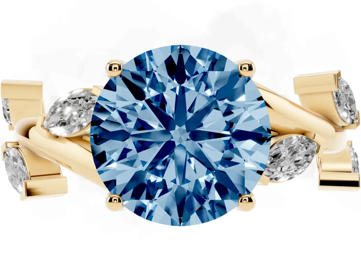 Fancy Blue Round Cut Solitaire Twisted Band Marquise Accent Prong Setting Ring Yellow gold
