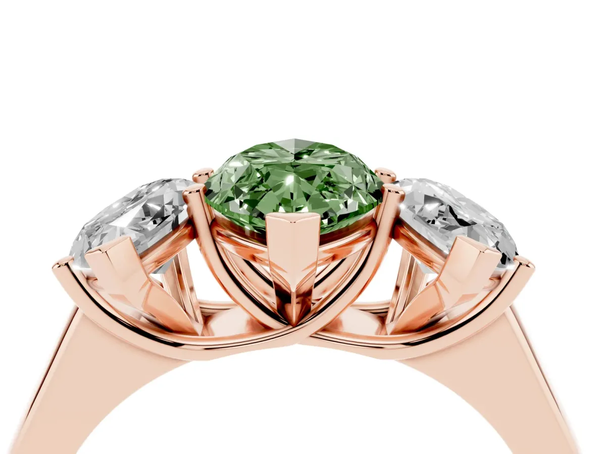 Fancy Green Marquise Cut Three-Stone Diamond Ring with Prong Setting on a Classic Band Rose gold