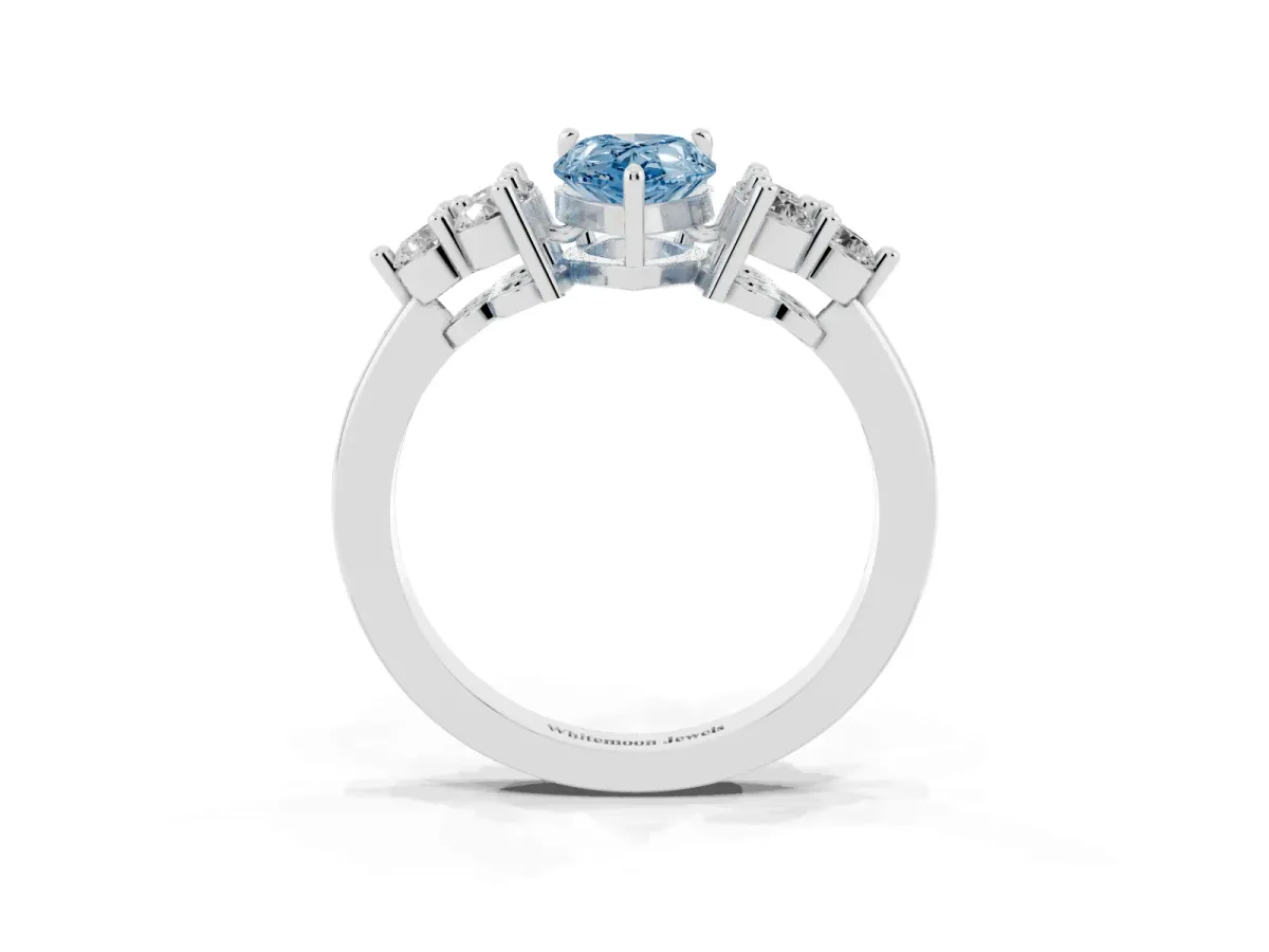 Fancy Blue Pear Cut Brilliant Diamond Cluster Accent Solitaire Ring with Prong Setting White gold