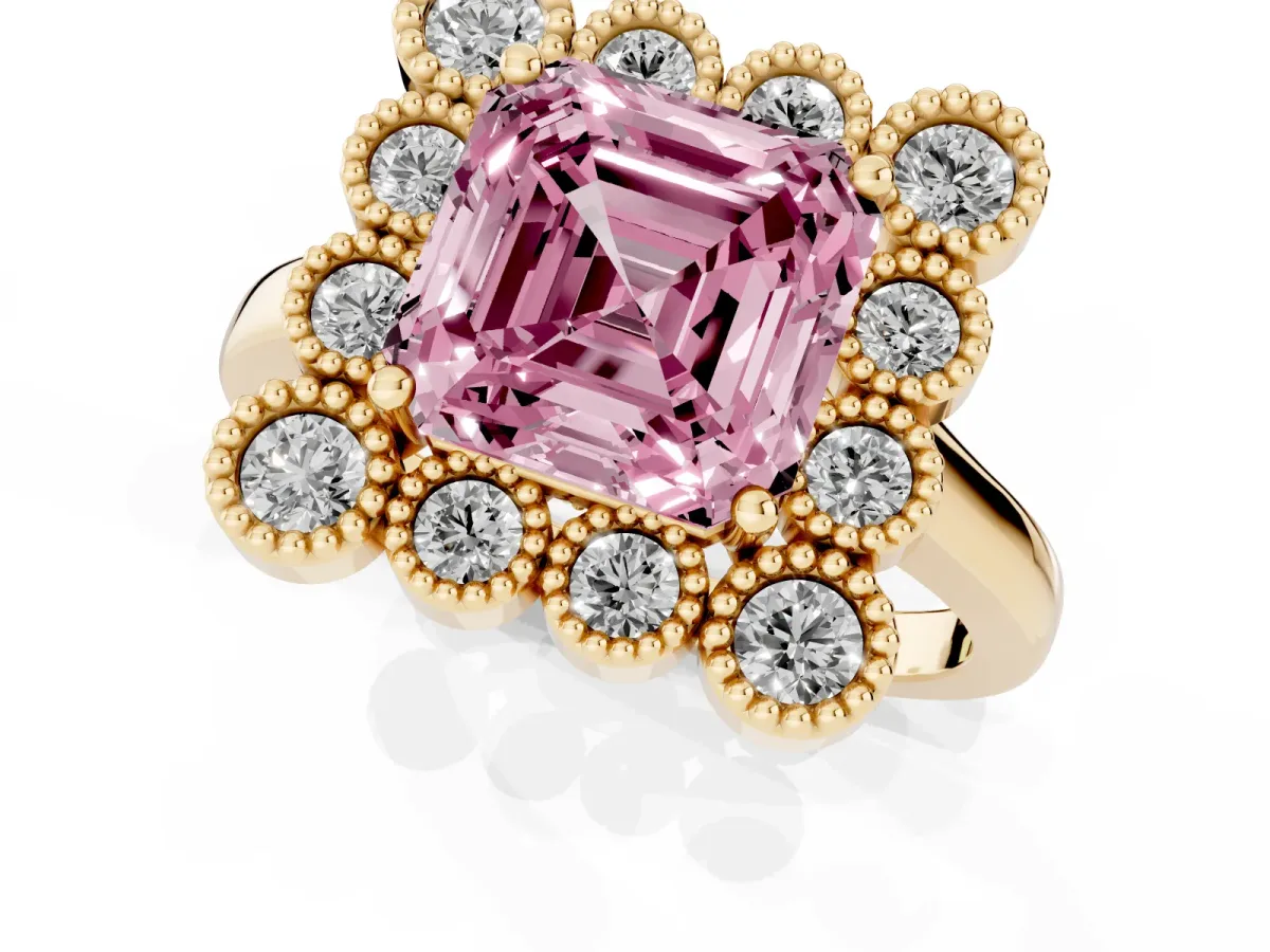 Fancy Pink Asscher Cut Halo Diamond Cluster Engagement Ring with Milgrain Bezel Setting and Solitaire Band Yellow gold