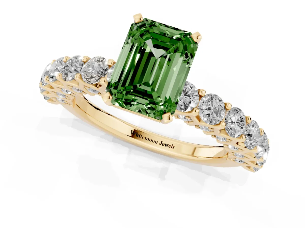 Fancy Green Emerald Cut Diamond Solitaire Ring with Shared Prong Pavé Band and Four-Prong Setting Yellow gold