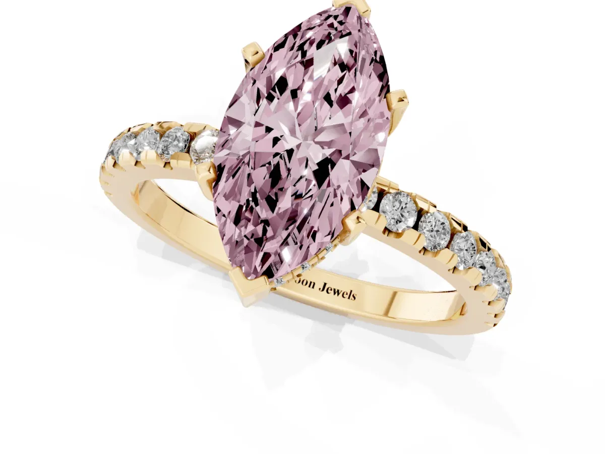 Fancy Pink Marquise Cut Diamond Solitaire Ring with Round Pavé Band and Four-Prong Setting Yellow gold