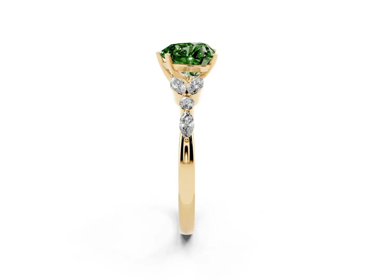 Fancy Green Heart Cut Diamond Solitaire Ring with Side Stones and Four-Prong Setting Yellow gold