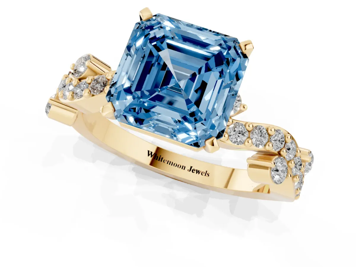 Fancy Blue Asscher Cut Cut Solitaire Diamond Twisted Band with Pave Setting Yellow gold