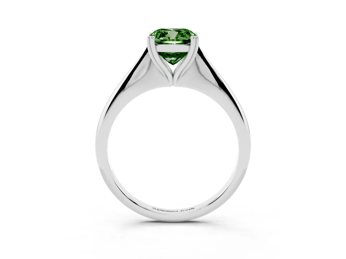 Fancy Green Cushion Cut Solitaire Diamond Ring with Six-Prong Setting and Classic Band Silver