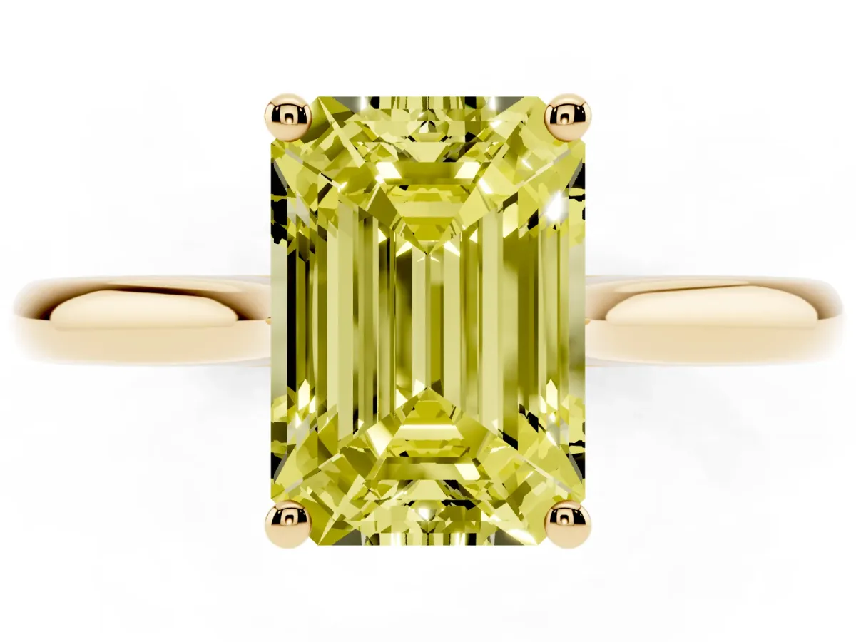 Fancy Yellow Emerald Cut Cut Solitaire Ring with Cathedral Band and Four-Prong Setting Yellow gold