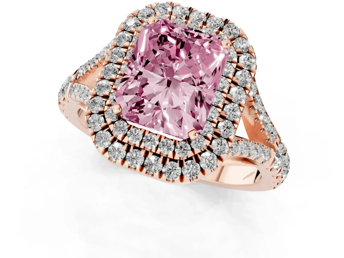 Fancy Pink Radiant Cut Diamond Double Halo Ring with Split Shank and Prong Setting Rose gold