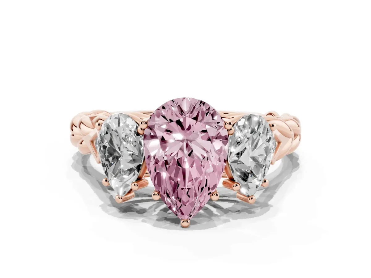 Fancy Pink Three-Stone Pear Cut Diamond Braided Band Ring with Four-Prong Setting Rose gold