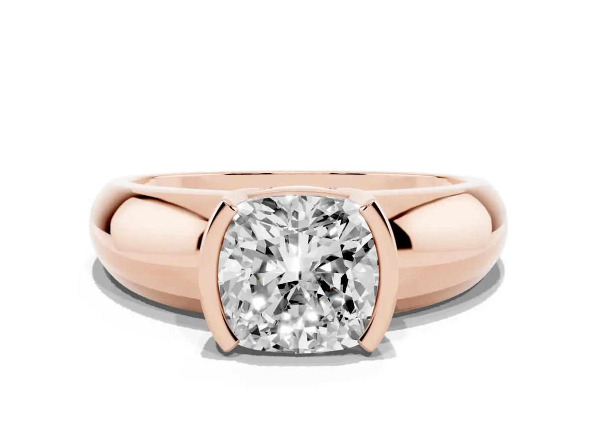 Cushion Cut Solitaire Tension Set Diamond Ring with Wide Band Rose gold