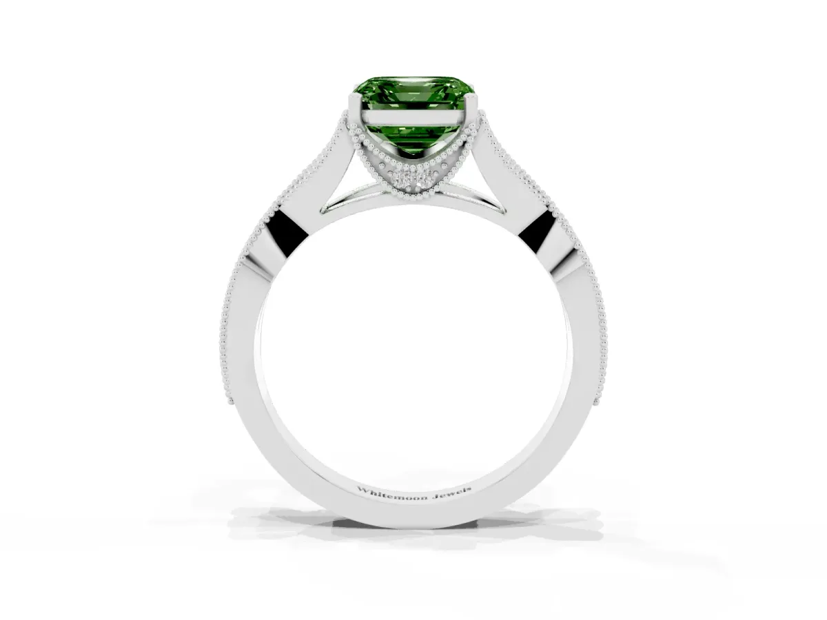 Fancy Green Asscher Cut Cut Diamond Twisted Band with Milgrain Pave Setting and Four-Prong Setting Platinum