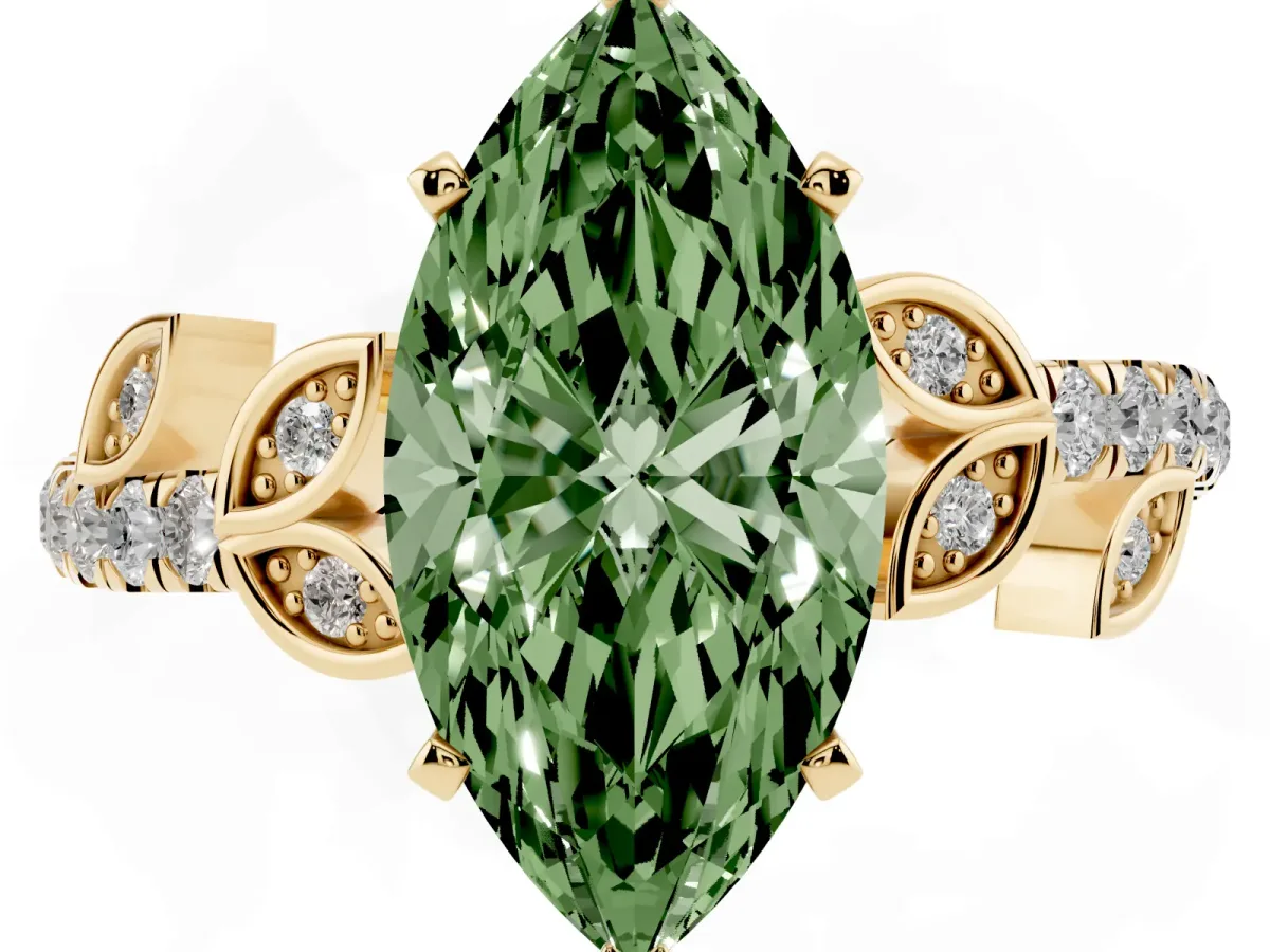 Fancy Green Marquise Cut Solitaire Leaf-Inspired Diamond Ring with Pavé Band and Four-Prong Setting Yellow gold