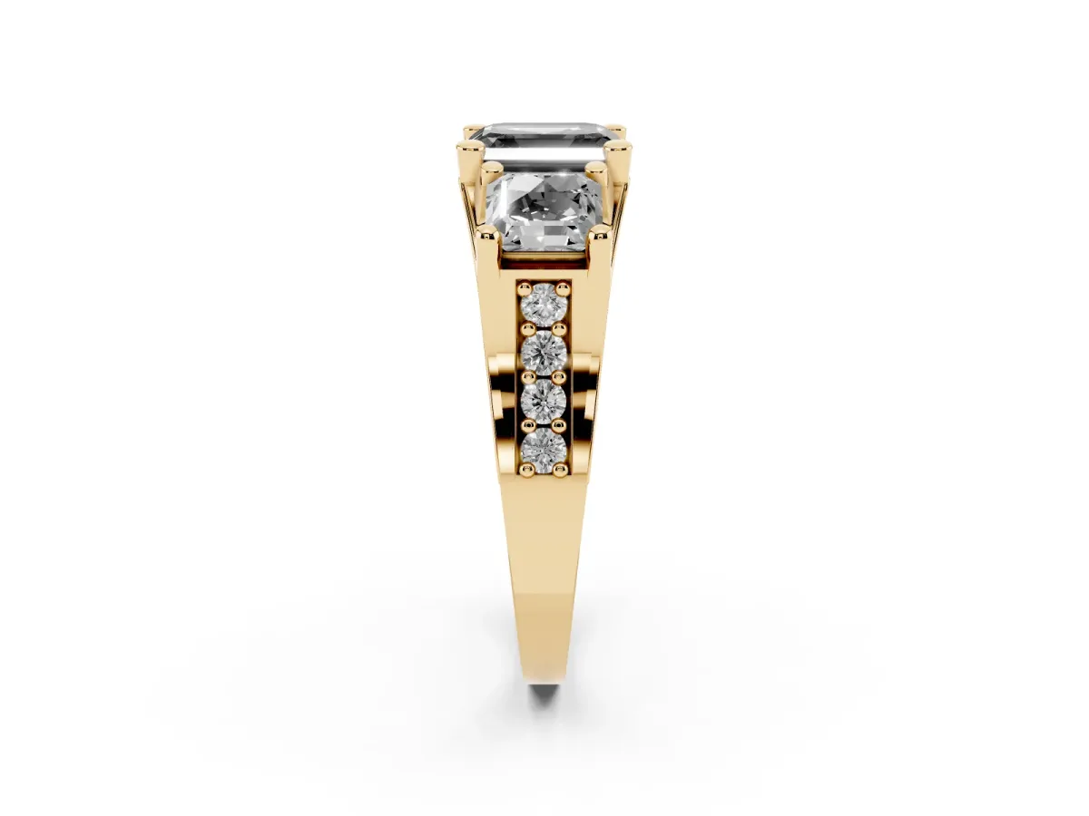 Fancy Black Asscher Cut Diamond Three-Stone Ring with Channel Set Band and Four-Prong Setting Yellow gold
