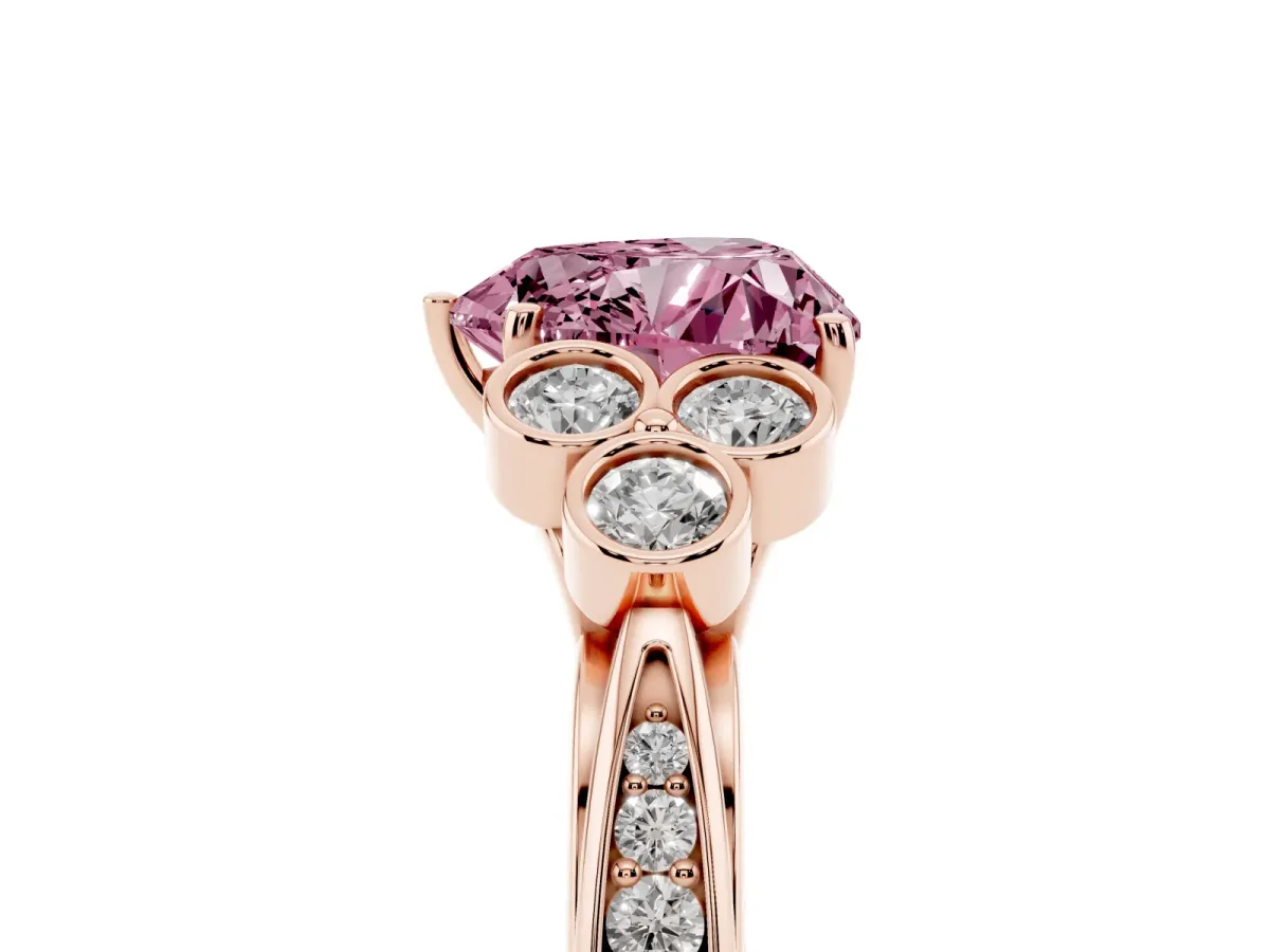 Fancy Pink Heart Cut Cut Diamond Engagement Ring with Bezel Set Round Side Stones and Prong Setting Rose gold