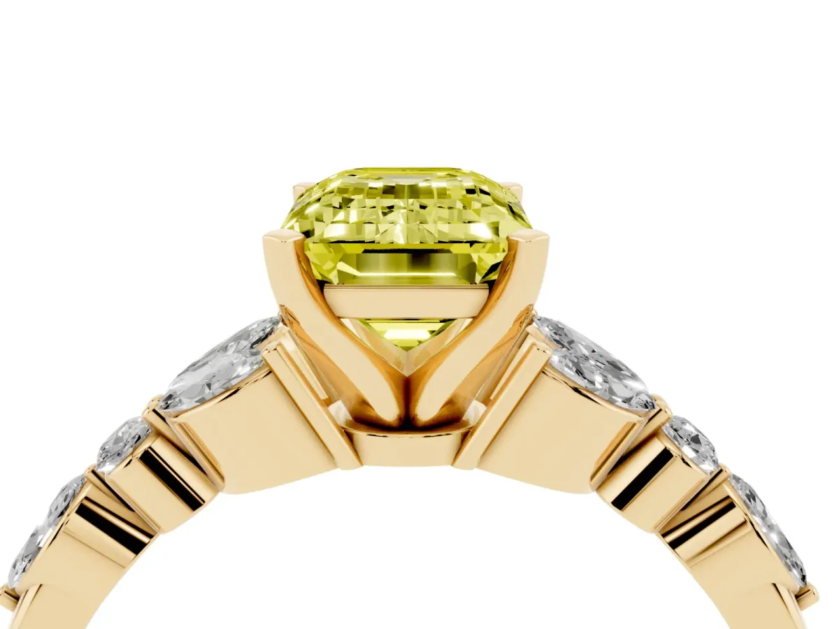 Fancy Yellow Emerald Cut Diamond Solitaire Ring with Side Stones and Four-Prong Setting Yellow gold