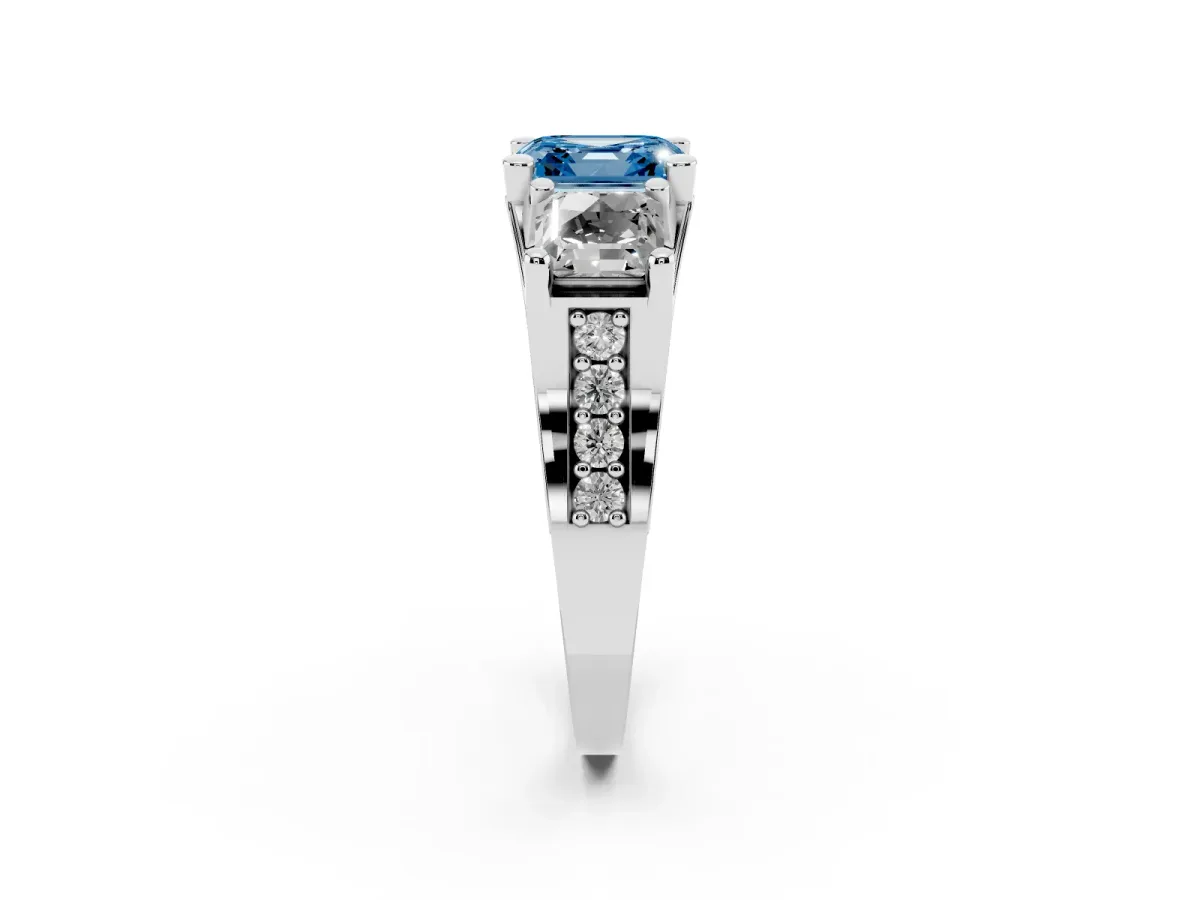 Fancy Blue Asscher Cut Diamond Three-Stone Ring with Channel Set Band and Four-Prong Setting Silver