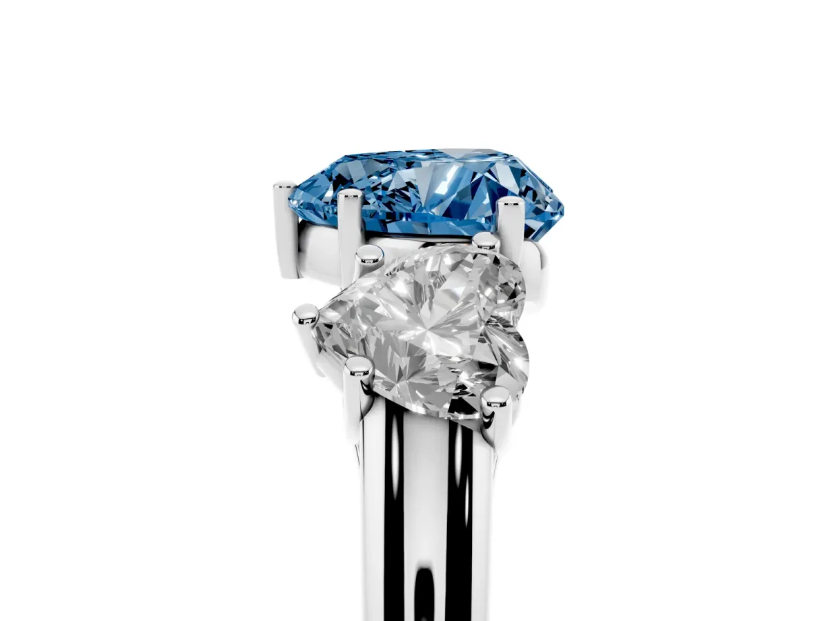 Fancy Blue Three-Stone Heart Cut Diamond Engagement Ring with Prong Setting White gold