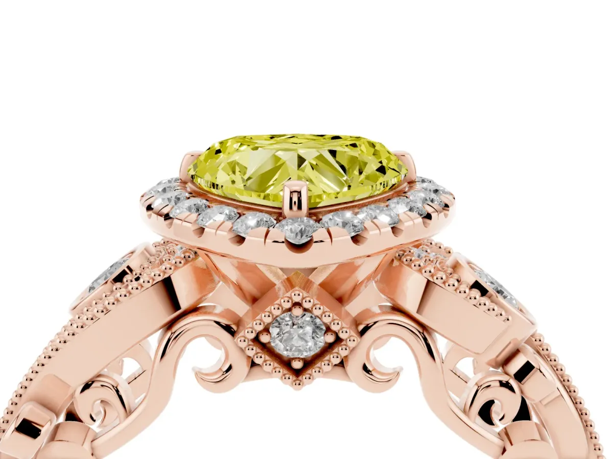 Fancy Yellow Heart Cut Halo Diamond Ring with Milgrain and Bezel Accents on a Split Shank Band Rose gold