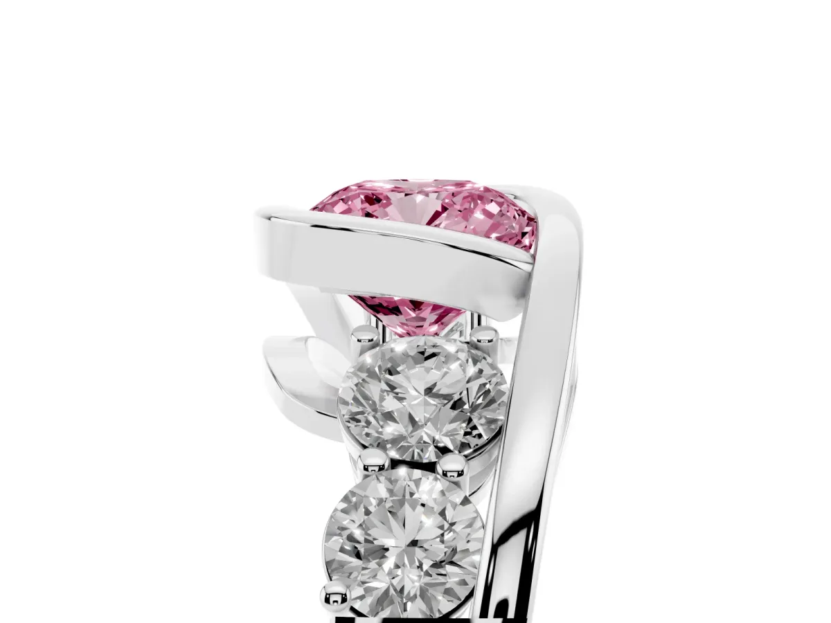 Fancy Pink Bezel Set Cushion Cut Diamond Bypass Ring with Round Accents Platinum