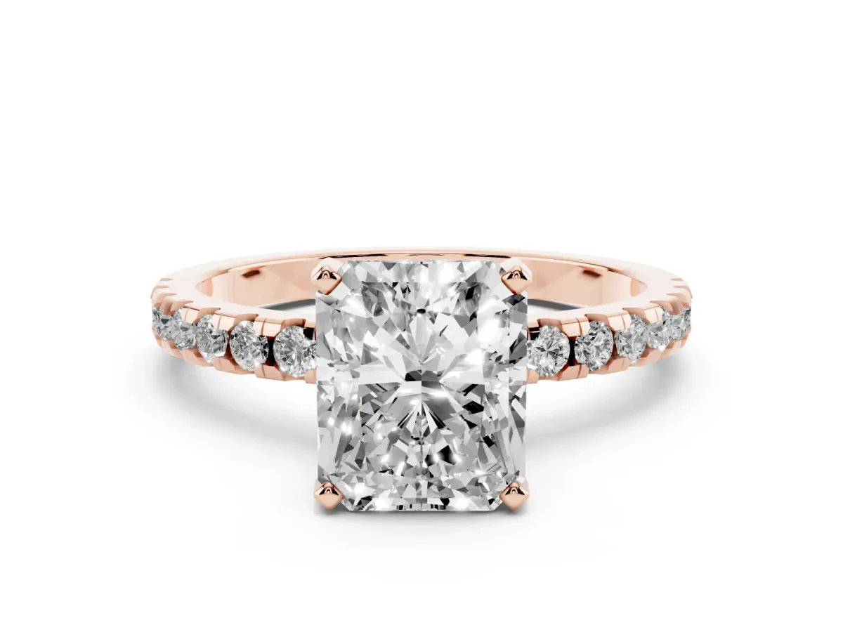 Radiant Cut Diamond Solitaire Ring with Round Pavé Band and Four-Prong Setting Rose gold