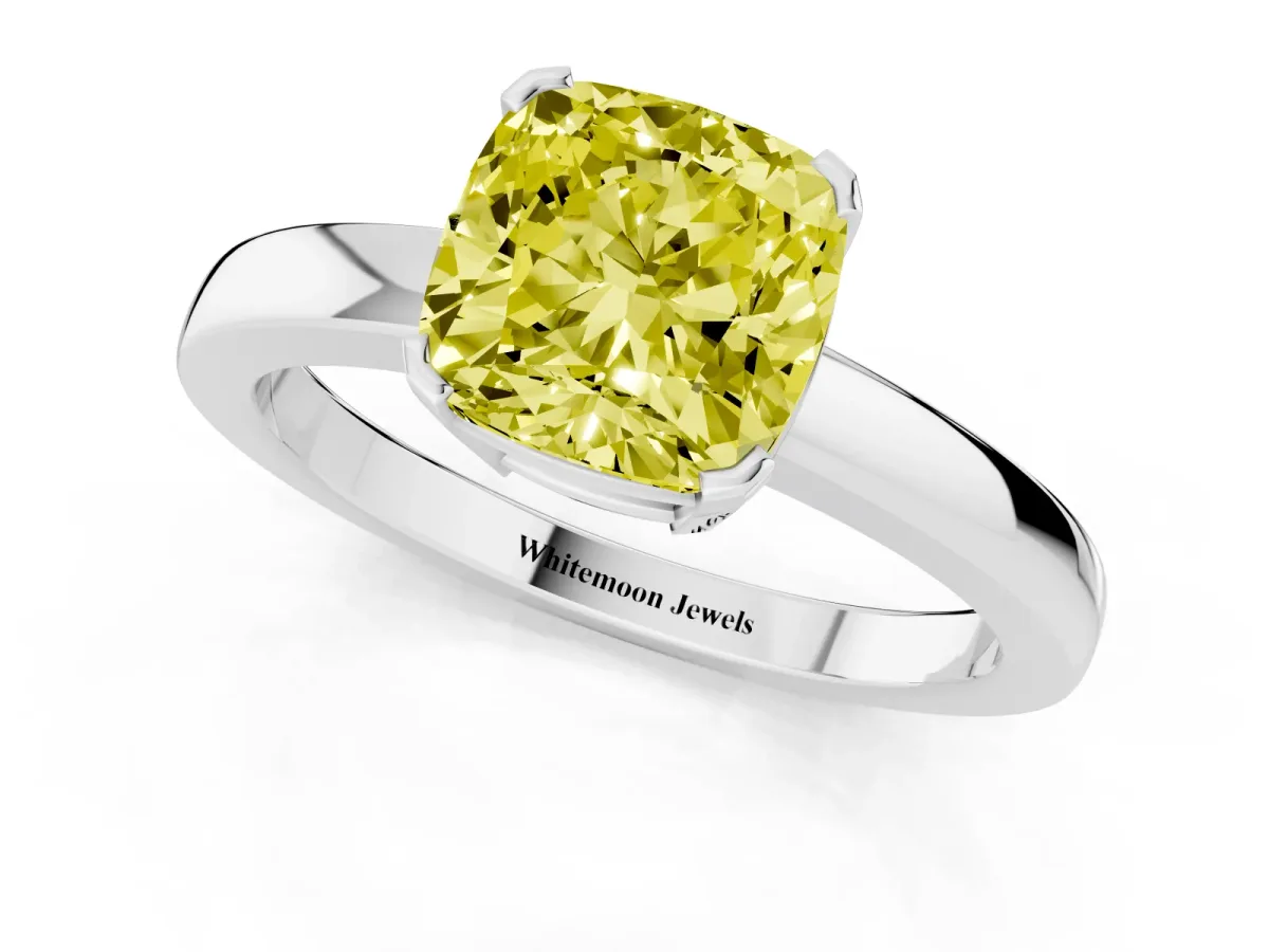 Fancy Yellow Cushion Cut Cut Solitaire Ring with Four-Prong Setting and Classic Band Silver