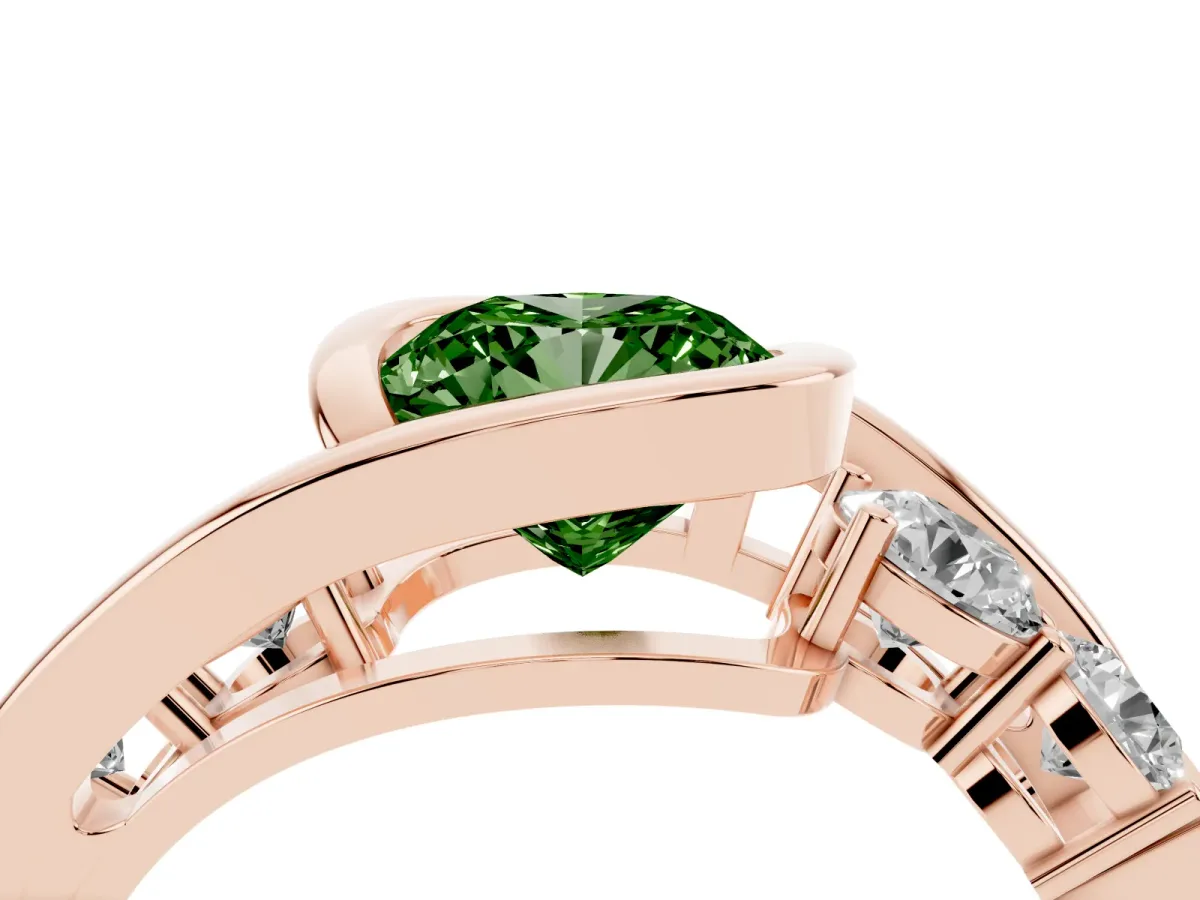 Fancy Green Bezel Set Cushion Cut Diamond Bypass Ring with Round Accents Rose gold