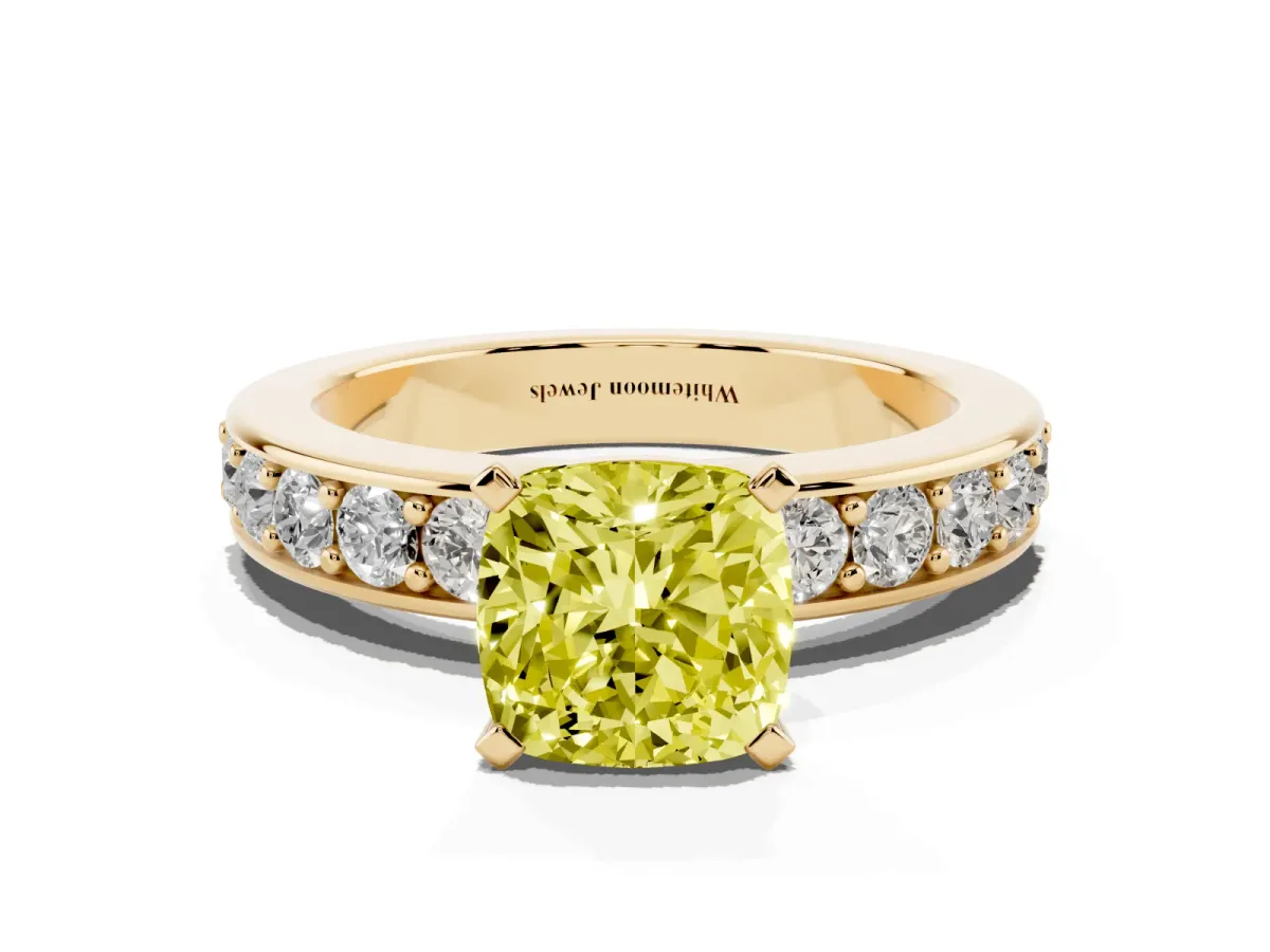 Fancy Yellow Cushion Cut Diamond Engagement Ring with Channel Set Round Band and Prong Setting Yellow gold
