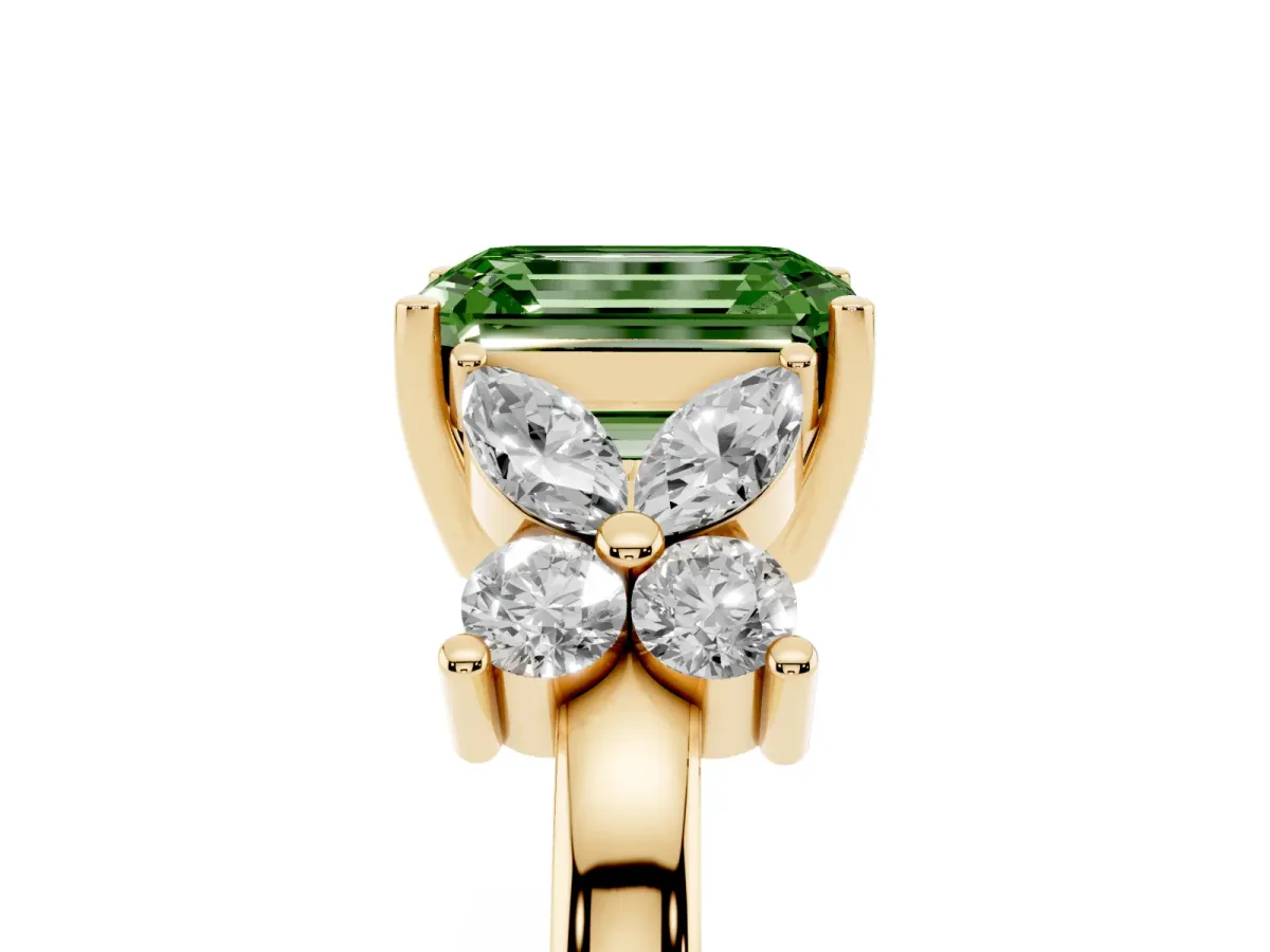 Fancy Green Emerald Cut Diamond Floral Cluster Ring with Solitaire Band and Prong Setting Yellow gold