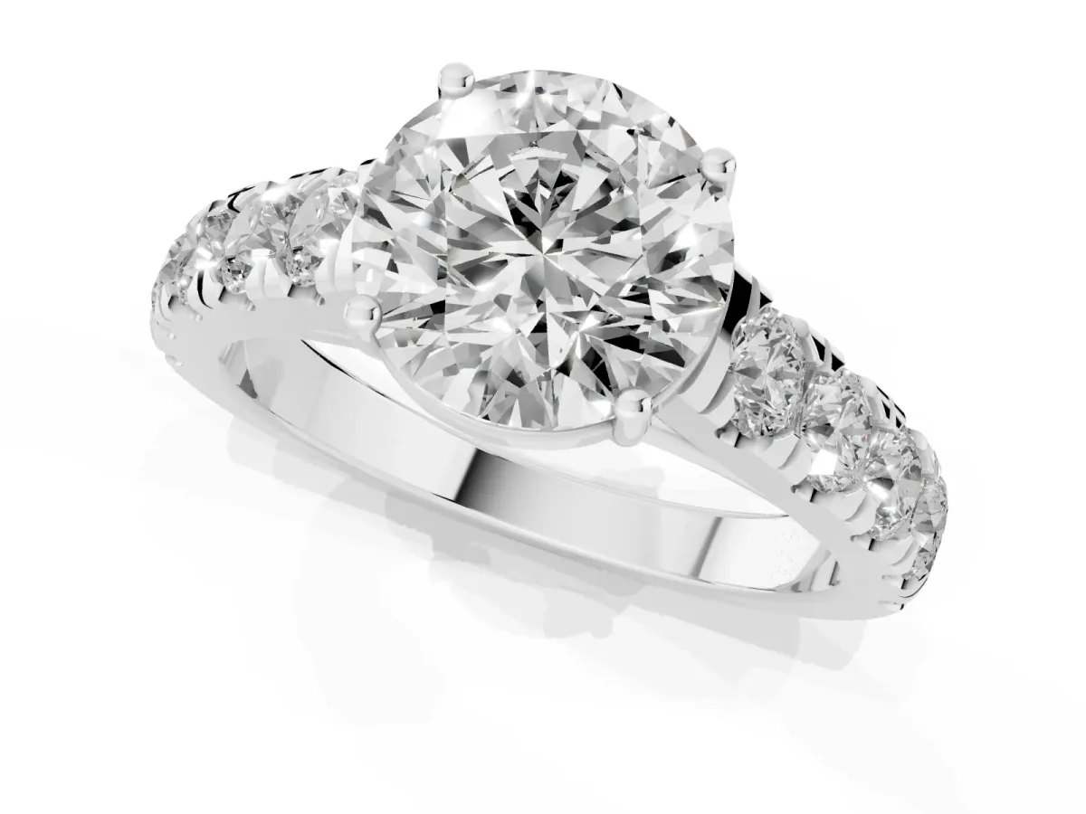 Round Cut Cut Diamond Solitaire Ring with Micro Pave Band and Prong Setting Platinum