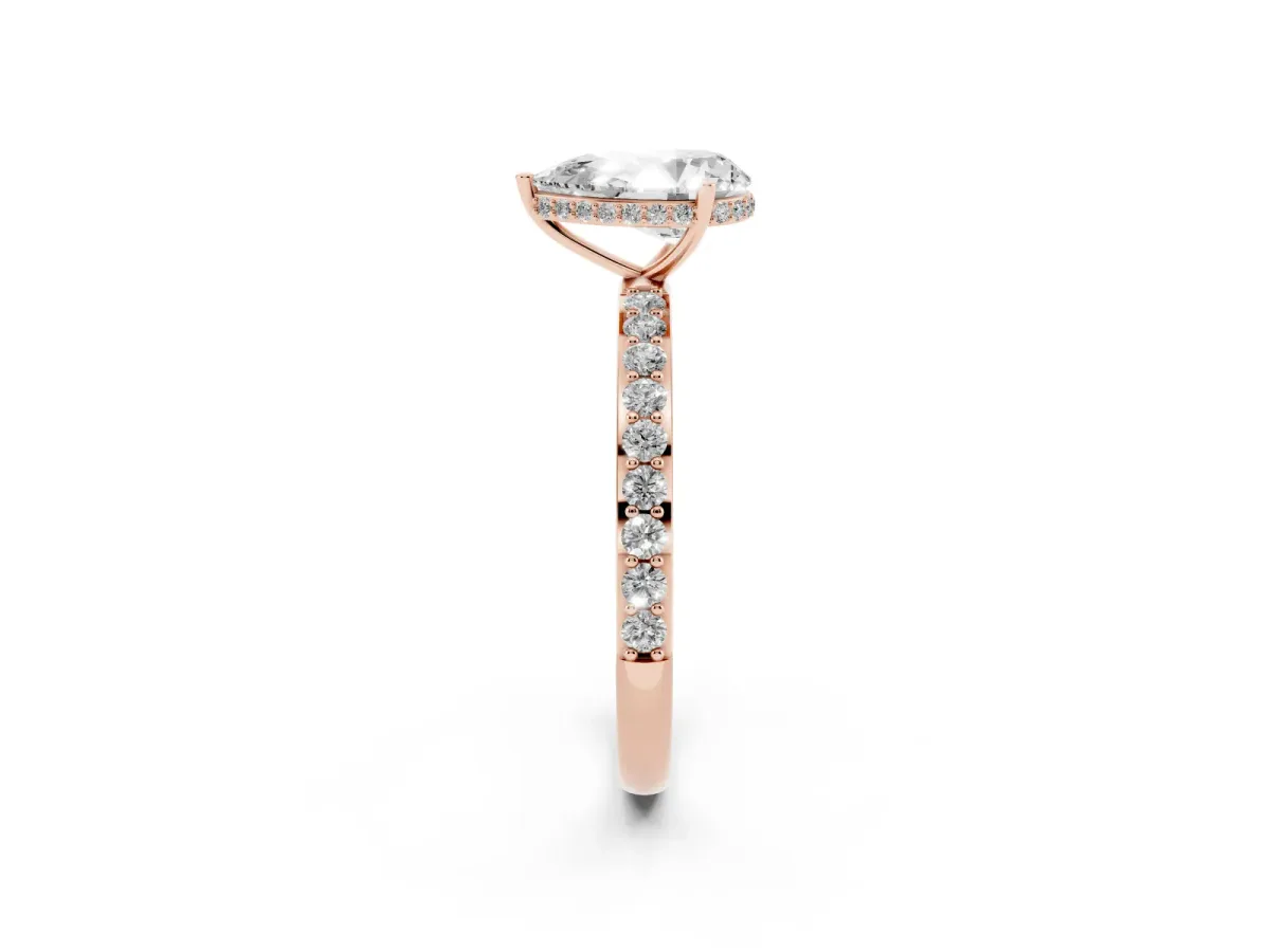 Pear Cut Diamond Solitaire Ring with Pavé Band and Hidden Halo Rose gold