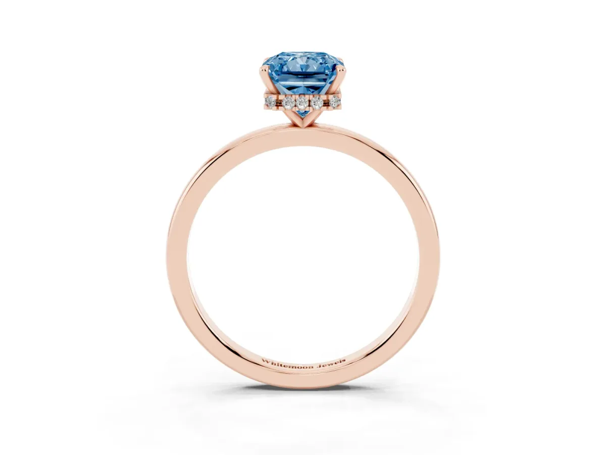 Fancy Blue Radiant Cut Solitaire Engagement Ring with Cathedral Band and Four-Prong Setting Rose gold