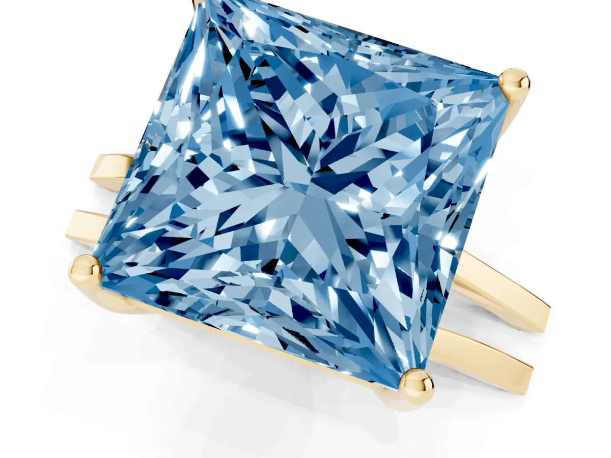 Fancy Blue Princess Cut Cut Diamond Solitaire Engagement Ring with Tapered Plain Band and Four-Prong Setting Yellow gold