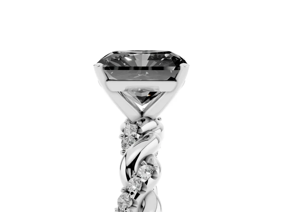 Fancy Black Radiant Cut Diamond Solitaire Ring with Twisted Band and Pavé Accents White gold