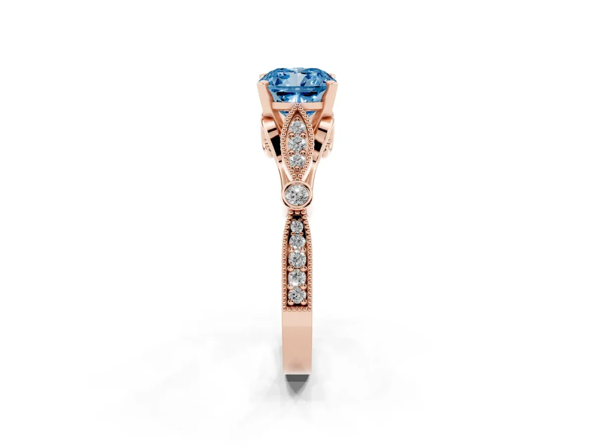 Fancy Blue Cushion Cut Cut Diamond with Milgrain Marquise and Bezel Accents on a Solitaire Band with Prong Setting Rose gold