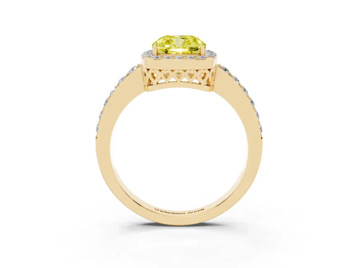 Fancy Yellow Cushion Cut Halo Diamond Pavé Band Ring with Prong Setting Yellow gold
