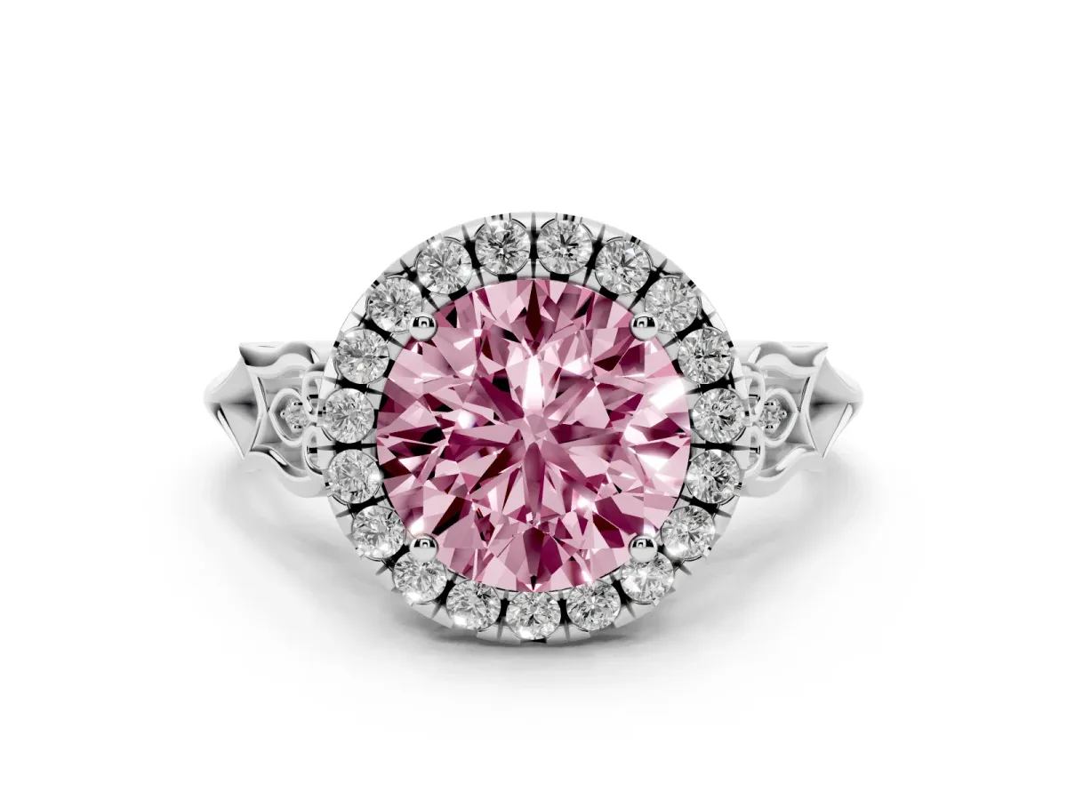 Fancy Pink Round Cut Halo Diamond Engagement Ring with Filigree Band and Four-Prong Setting Silver