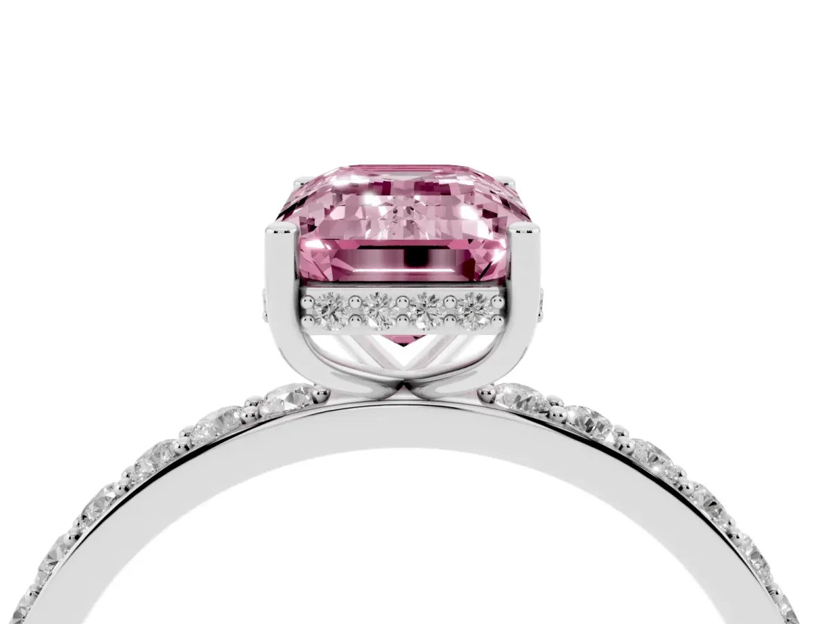 Fancy Pink Emerald Cut Diamond Solitaire Ring with Pavé Band and Hidden Halo Silver