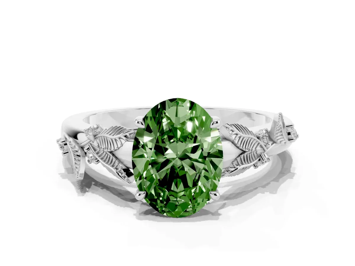 Fancy Green Oval Cut Diamond Solitaire Ring with Leaf Motif Band and Four-Prong Setting Silver
