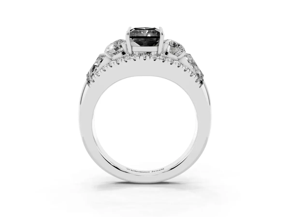 Fancy Black Three-Stone Radiant Cut Diamond Engagement Ring with Pave Band and Prong Setting Silver