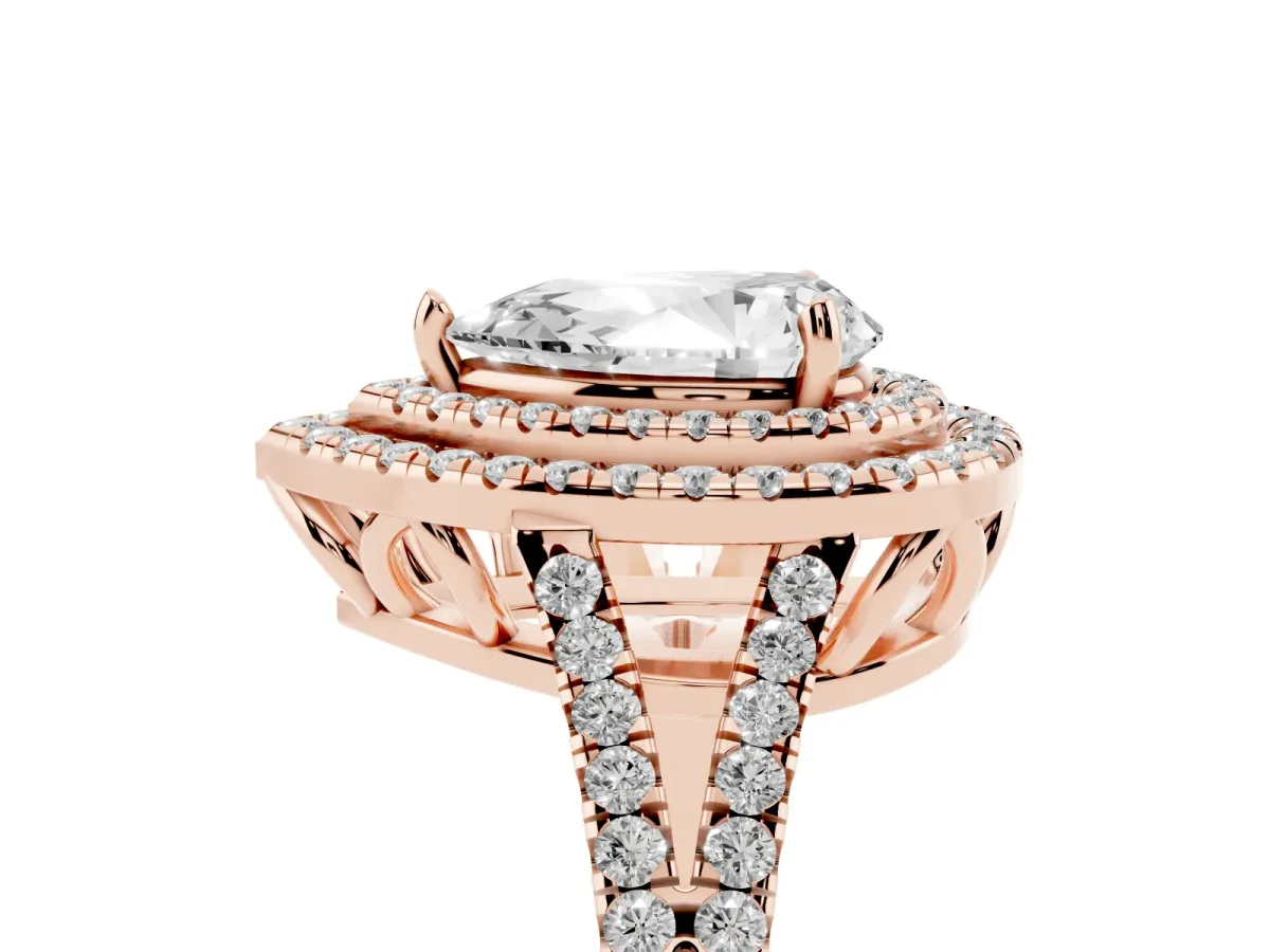 Pear Cut Diamond Double Halo Ring with Pavé Band and Prong Setting Rose gold