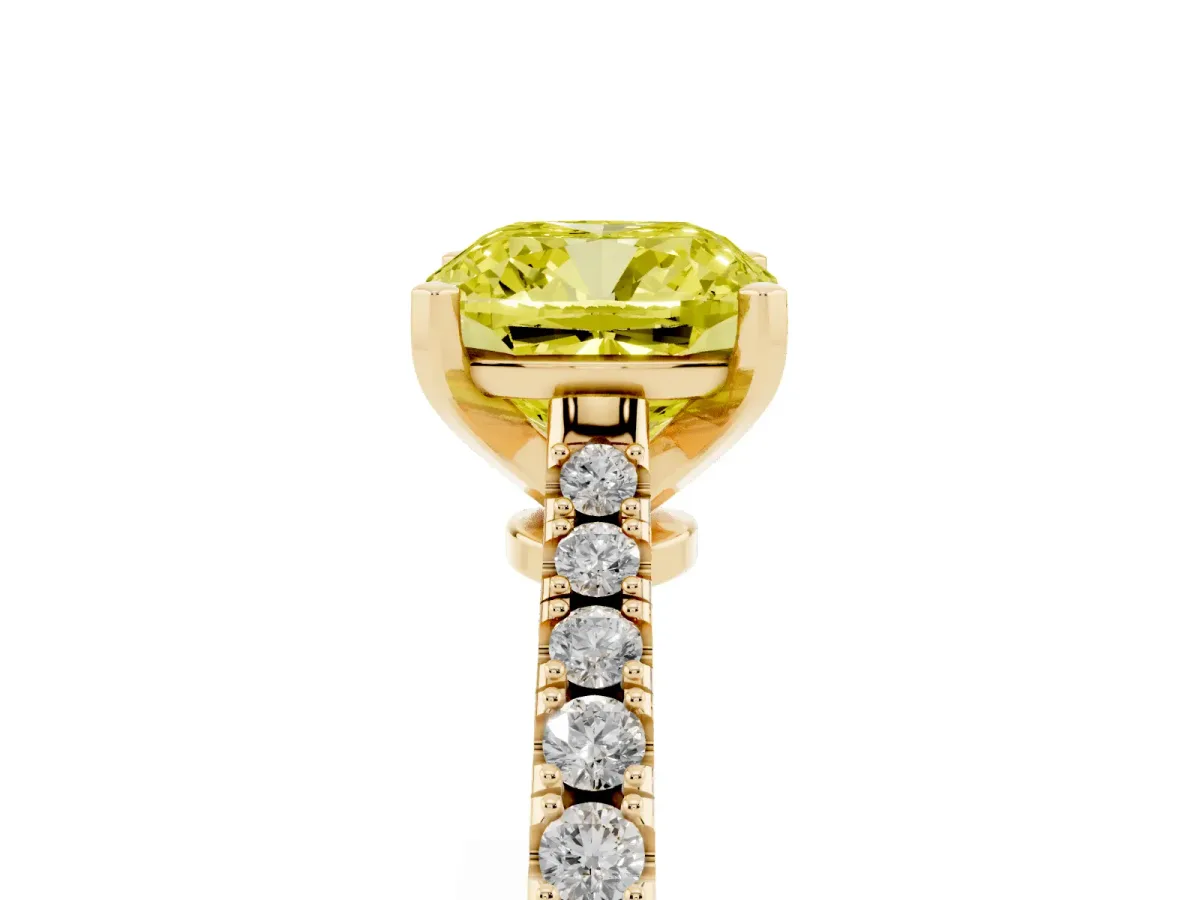 Fancy Yellow Cushion Cut Cut Solitaire Diamond Engagement Ring with Pave Band and Four-Prong Setting Yellow gold