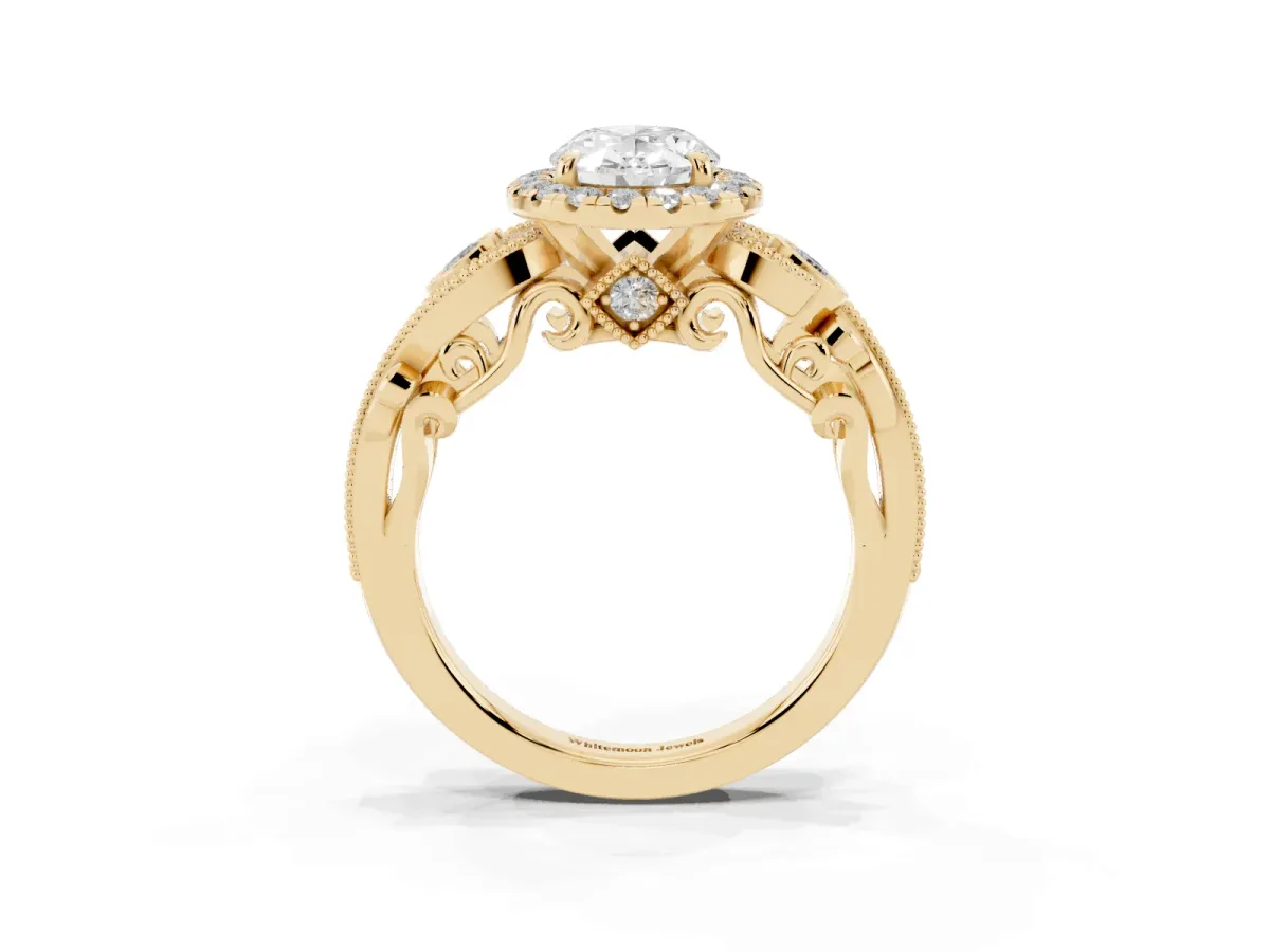 Oval Cut Diamond Halo Ring with Milgrain Pavé Band and Four-Prong Setting Yellow gold