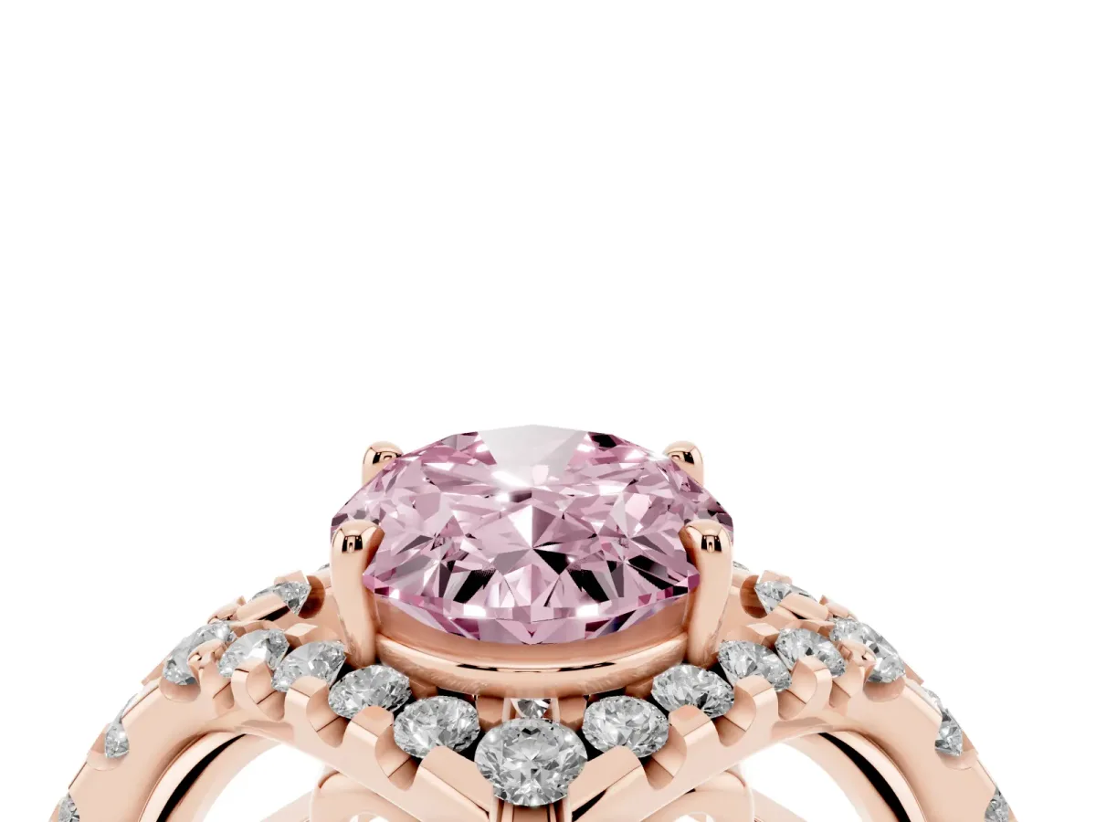 Fancy Pink Oval Cut Diamond Solitaire Ring with Hidden Halo and Pavé Band Rose gold