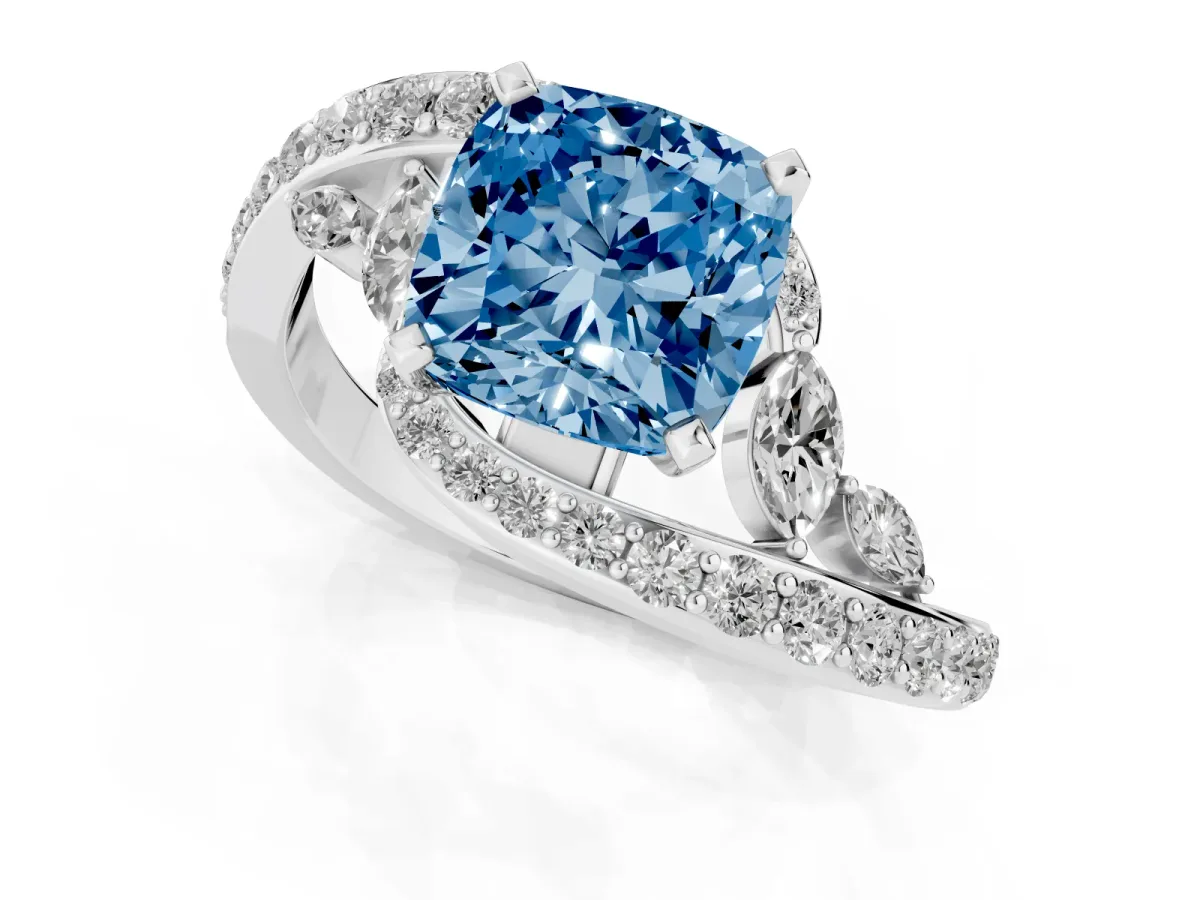 Fancy Blue Cushion Cut Diamond Solitaire Ring with Filigree Band and Four-Prong Setting Silver